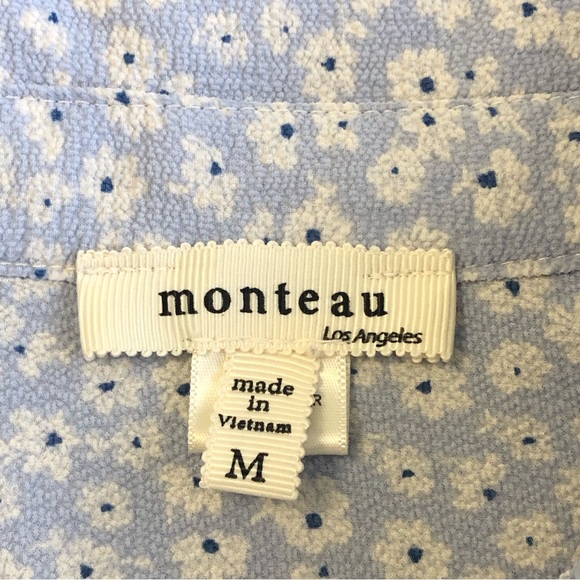 MONTEAU Women Blue/White Floral Print Cap Sleeve Button Up Midi Dress Sz M - Picture 8 of 14